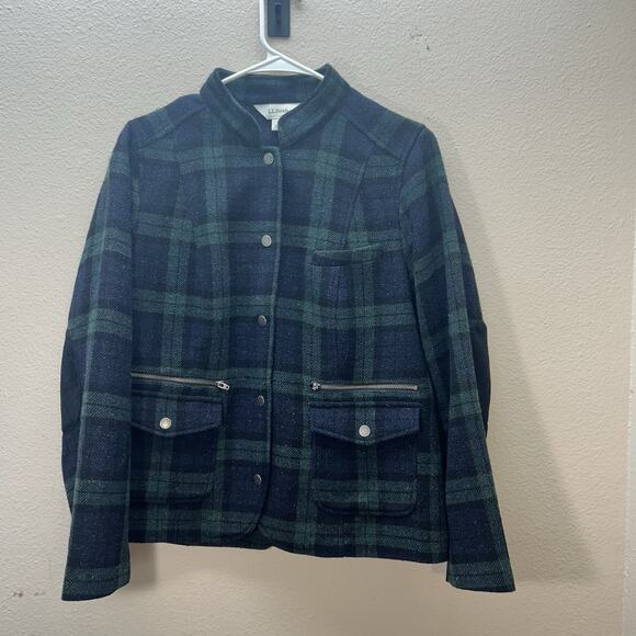 L.L.Bean PM Womens Wool Silk Coat Tartan Plaid Barn Green Snap Button Heritage - Picture 1 of 5